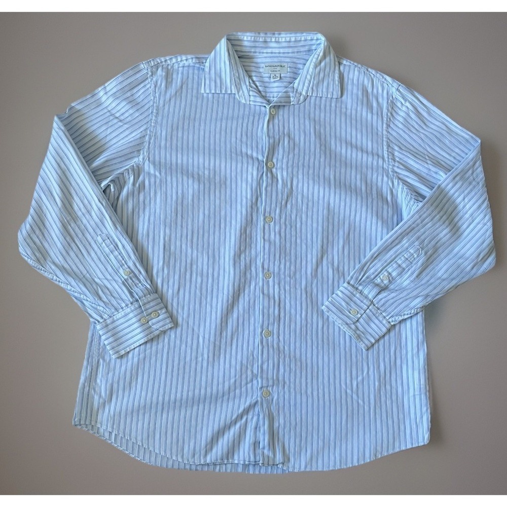 Banana Republic Long Sleeve Button Down Shirt White Blue Stripes XL 17-17.5 JBHS